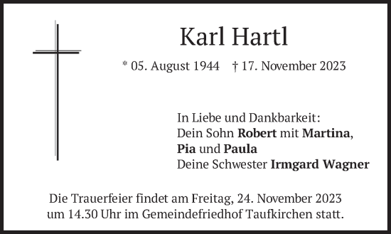 Traueranzeige von Karl Hartl von merkurtz