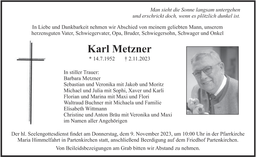  Traueranzeige für Karl Metzner vom 04.11.2023 aus merkurtz