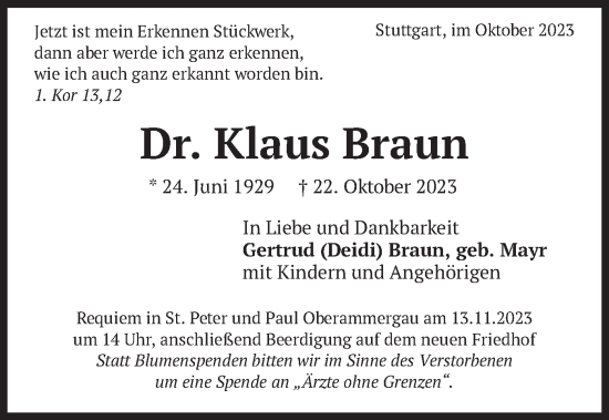 Traueranzeige von Klaus Braun von merkurtz