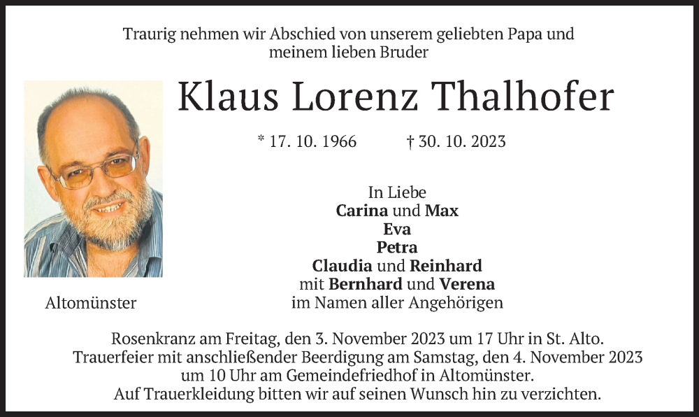  Traueranzeige für Klaus Lorenz Thalhofer vom 03.11.2023 aus merkurtz