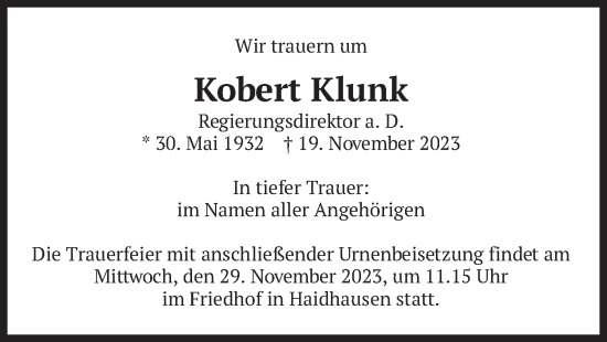 Traueranzeige von Kobert Klunk von merkurtz