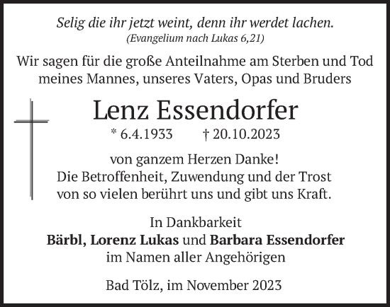 Traueranzeige von Lenz Essendorfer von merkurtz