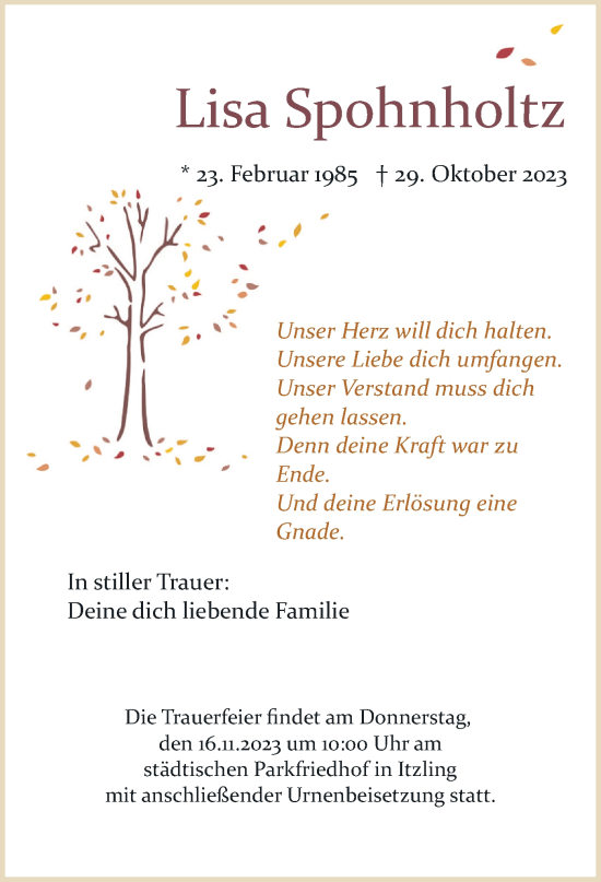 Traueranzeige von Lisa Spohnholtz von merkurtz