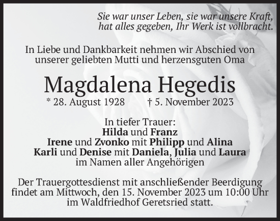 Traueranzeige von Magdalena Hegedis von merkurtz