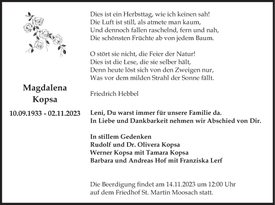 Traueranzeige von Magdalena Kopsa von merkurtz