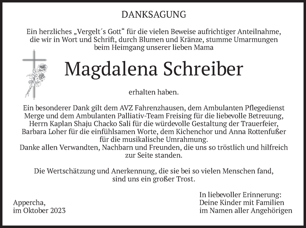  Traueranzeige für Magdalena Schreiber vom 04.11.2023 aus merkurtz