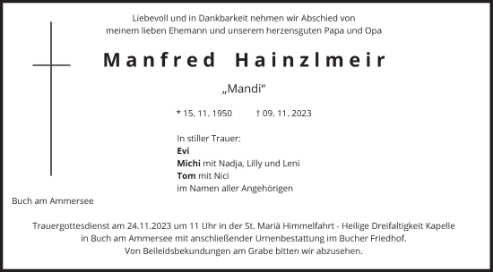 Traueranzeige von Manfred Hainzlmeir von merkurtz