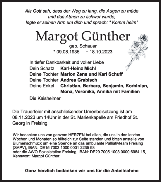 Traueranzeige von Margot Günther von merkurtz