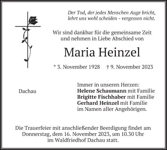 Traueranzeige von Maria Heinzel von merkurtz
