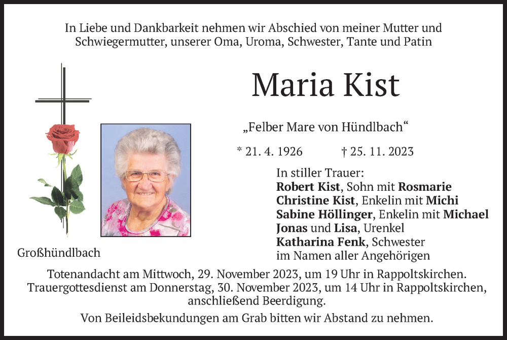  Traueranzeige für Maria Kist vom 28.11.2023 aus merkurtz