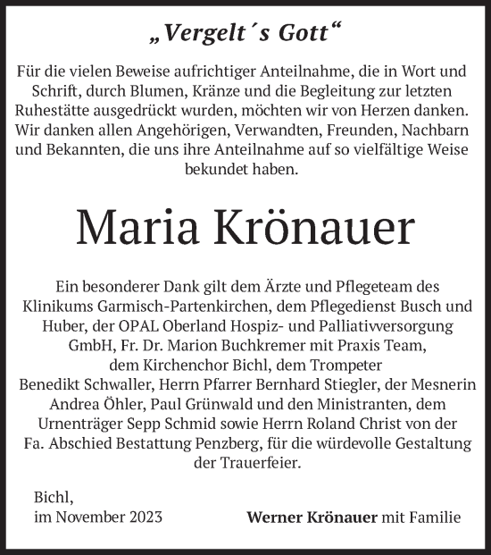 Traueranzeige von Maria Krönauer von merkurtz