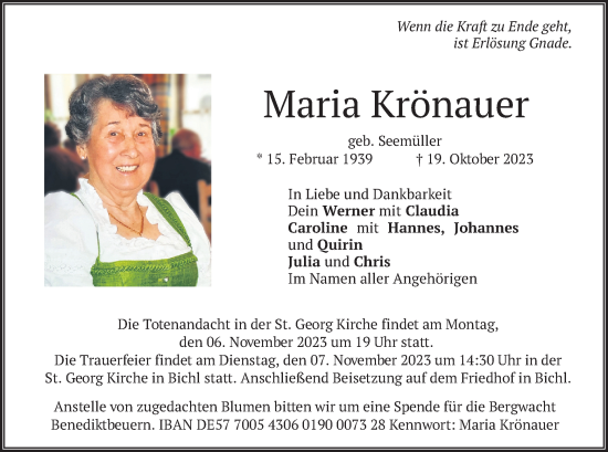 Traueranzeige von Maria Krönauer von merkurtz