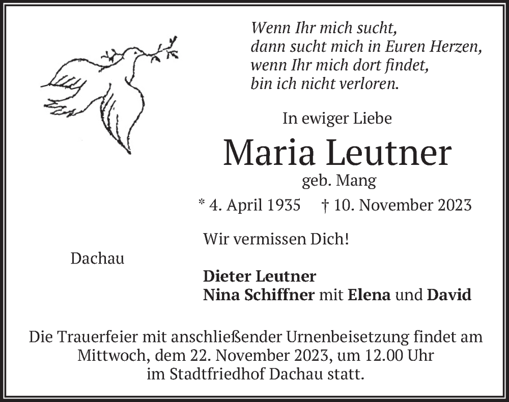  Traueranzeige für Maria Leutner vom 18.11.2023 aus merkurtz