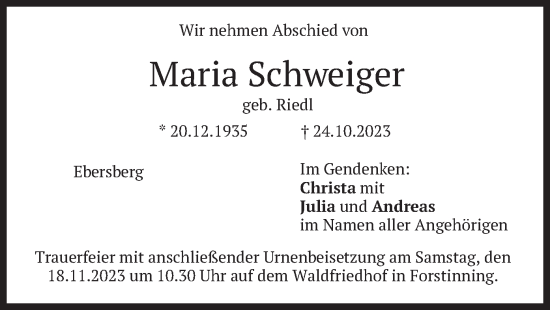 Traueranzeige von Maria Schweiger von merkurtz