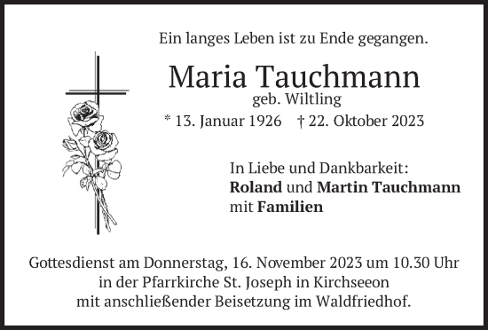 Traueranzeige von Maria Tauchmann von merkurtz