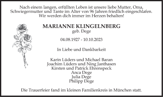 Traueranzeige von Marianne Klingelnberg von merkurtz