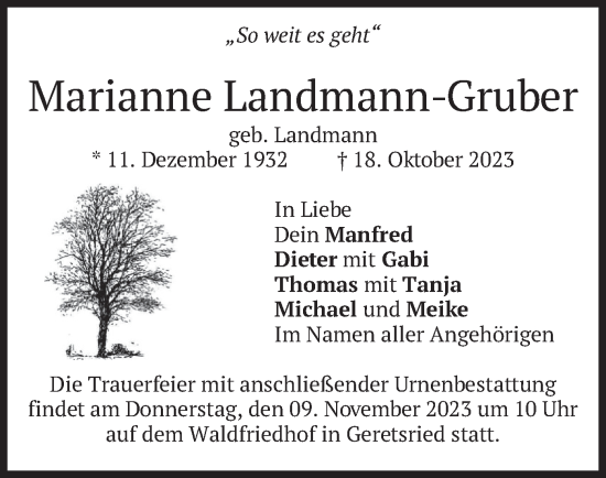 Traueranzeige von Marianne Landmann-Gruber von merkurtz