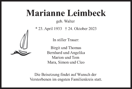 Traueranzeige von Marianne Leimbeck von merkurtz