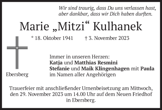 Traueranzeige von Marie Kulhanek von merkurtz