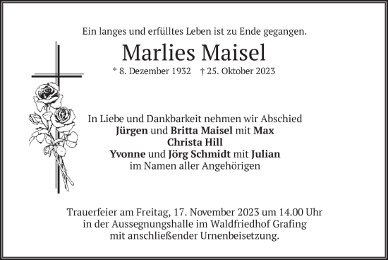 Traueranzeige von Marlies Maisel von merkurtz