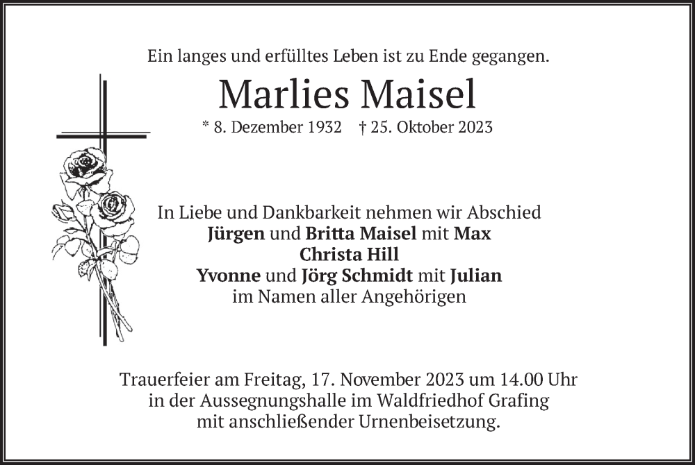  Traueranzeige für Marlies Maisel vom 11.11.2023 aus merkurtz
