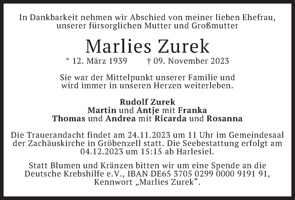  Traueranzeige für Marlies Zurek vom 18.11.2023 aus merkurtz