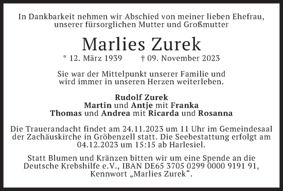 Traueranzeige von Marlies Zurek von merkurtz