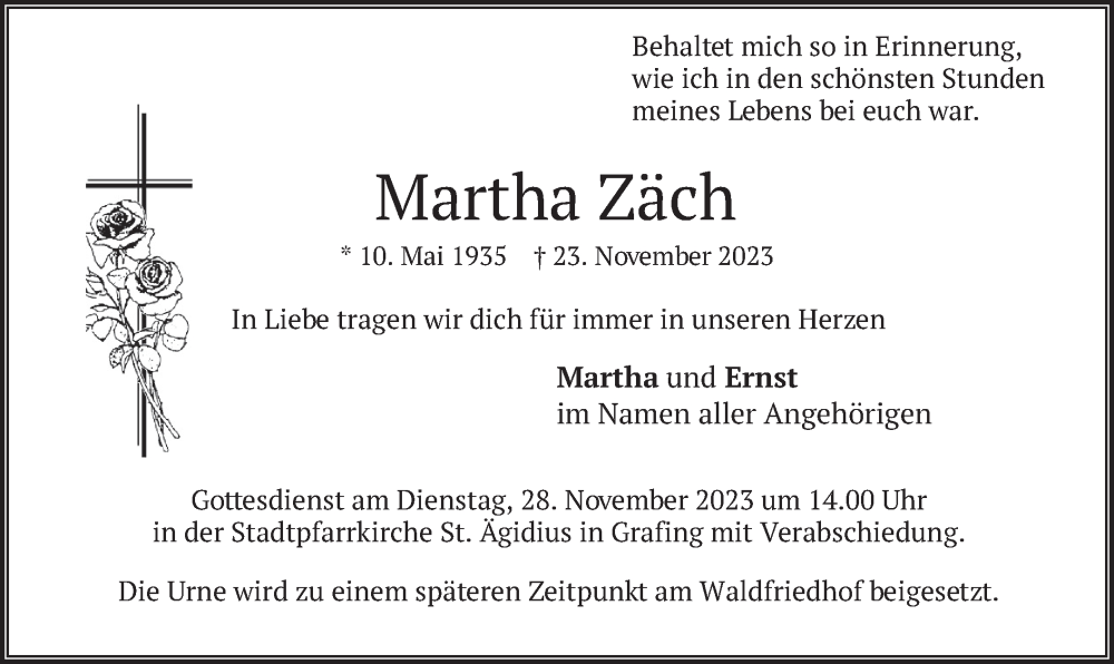  Traueranzeige für Martha Zäch vom 25.11.2023 aus merkurtz