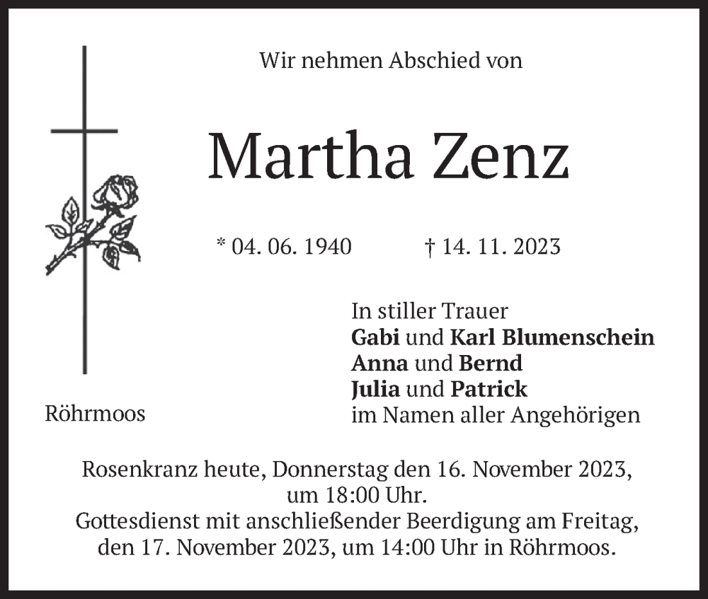  Traueranzeige für Martha Zenz vom 16.11.2023 aus merkurtz