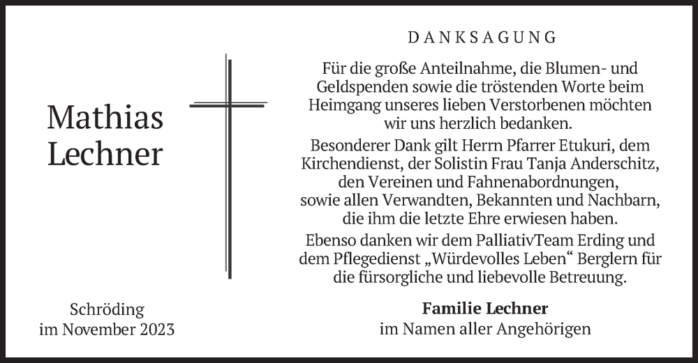  Traueranzeige für Mathias Lechner vom 04.11.2023 aus merkurtz