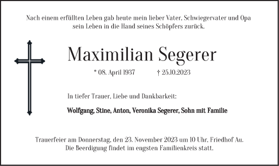 Traueranzeige von Maximilian Segerer von merkurtz