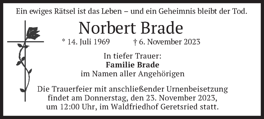  Traueranzeige für Norbert Brade vom 18.11.2023 aus merkurtz