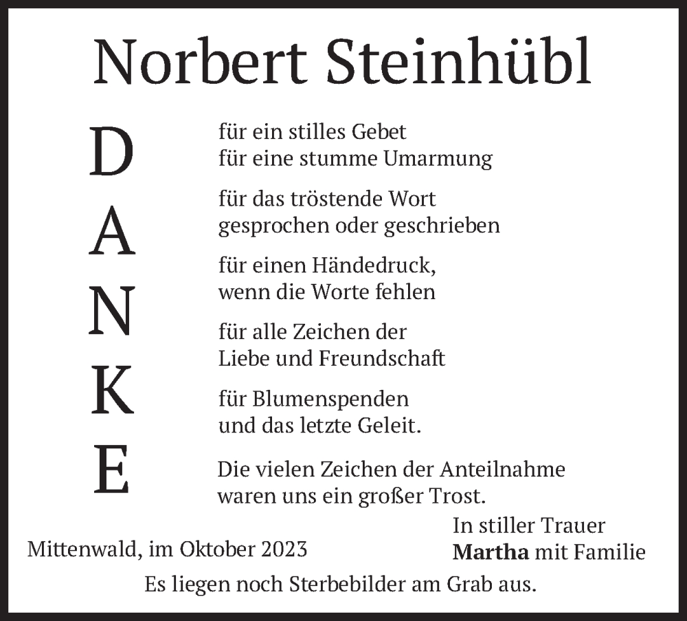  Traueranzeige für Norbert Steinhübl vom 04.11.2023 aus merkurtz