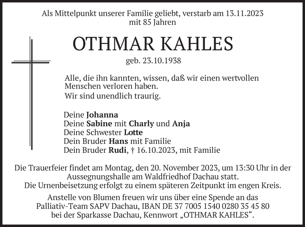  Traueranzeige für Othmar Kahles vom 16.11.2023 aus merkurtz