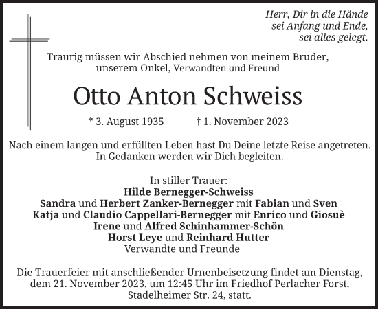 Traueranzeige von Otto Anton Schweiss von merkurtz