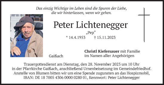Traueranzeige von Peter Lichtenegger von merkurtz