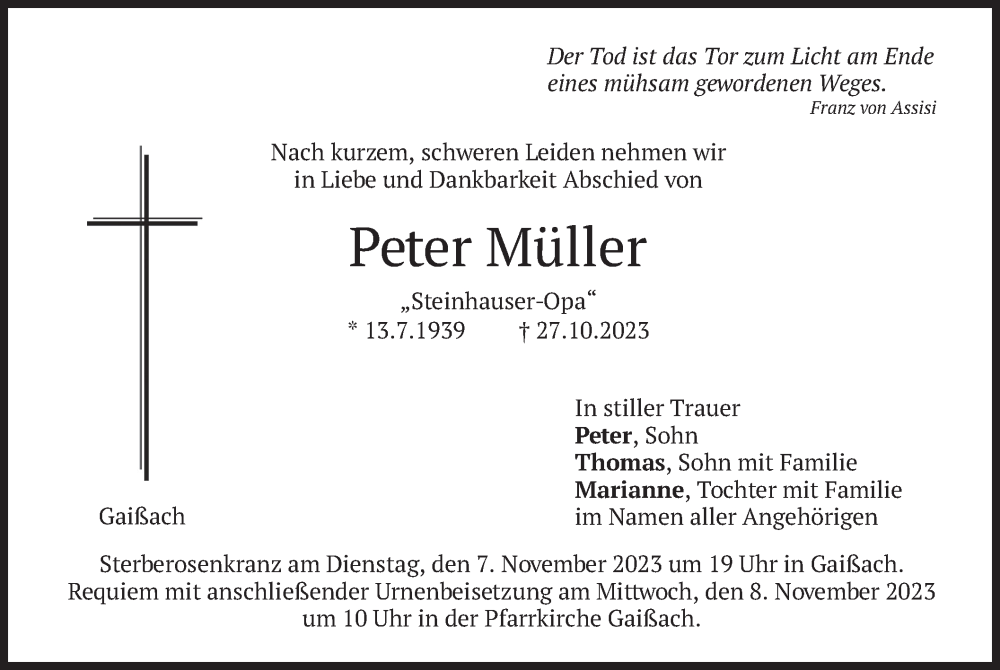  Traueranzeige für Peter Müller vom 03.11.2023 aus merkurtz
