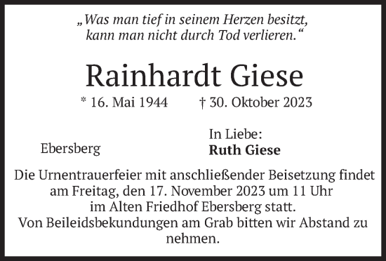 Traueranzeige von Rainhardt Giese von merkurtz