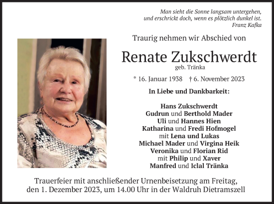 Traueranzeige von Renate Zukschwerdt von merkurtz