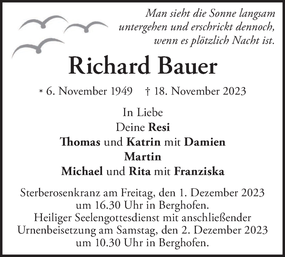  Traueranzeige für Richard Bauer vom 25.11.2023 aus merkurtz