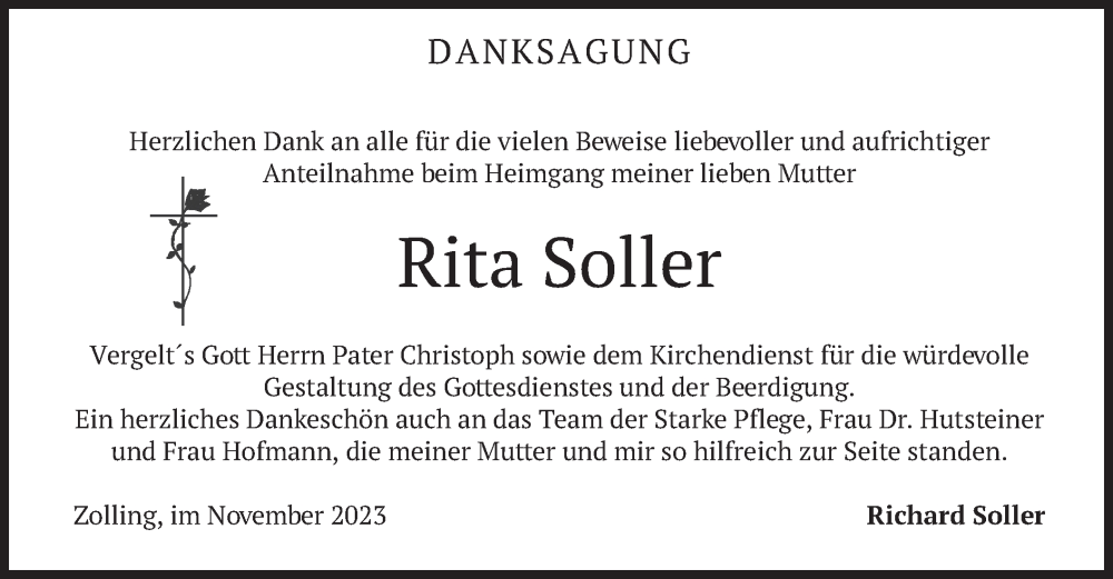  Traueranzeige für Rita Soller vom 04.11.2023 aus merkurtz