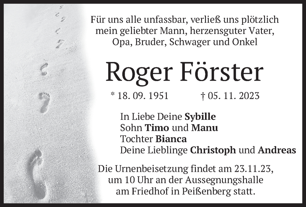  Traueranzeige für Roger Förster vom 18.11.2023 aus merkurtz