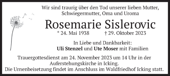 Traueranzeige von Rosemarie Sislerovic von merkurtz