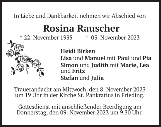 Traueranzeige von Rosina Rauscher von merkurtz