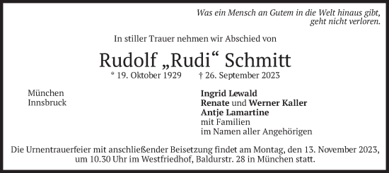Traueranzeige von Rudolf  Schmitt von merkurtz
