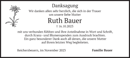 Traueranzeige von Ruth Bauer von merkurtz