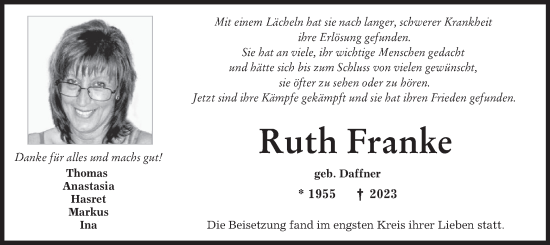 Traueranzeige von Ruth Franke von merkurtz