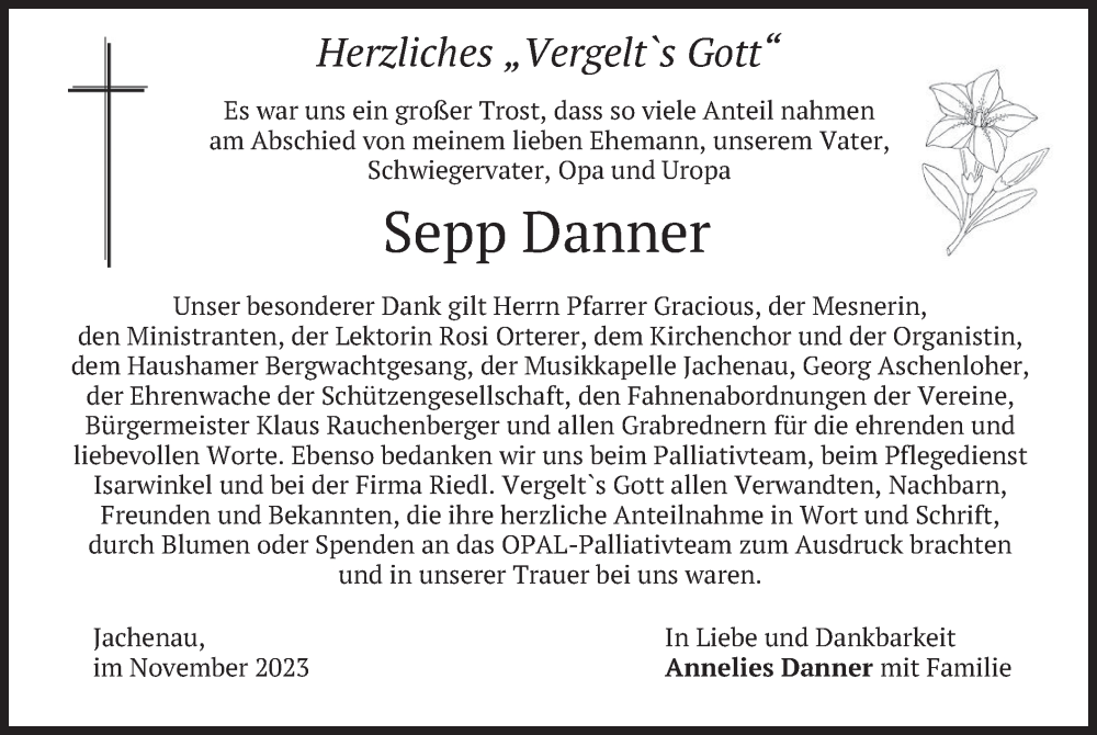  Traueranzeige für Sepp Danner vom 11.11.2023 aus merkurtz