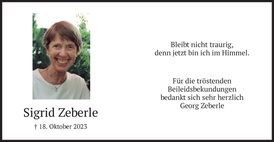 Traueranzeige von Sigrid Zeberle von merkurtz