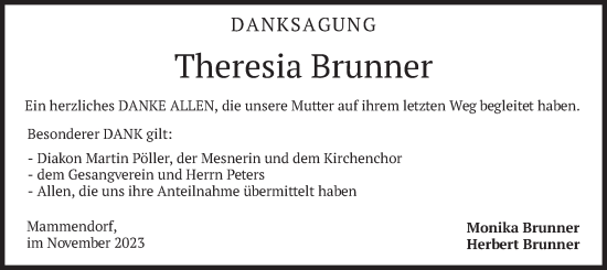 Traueranzeige von Theresia Brunner von merkurtz